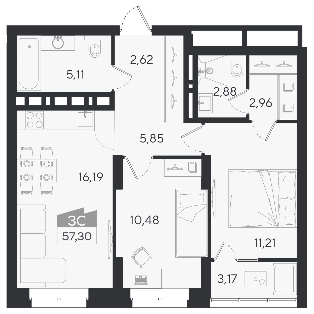 Планировка: 3-комнатная 57,3 м² в ЖК «Ясный берег»