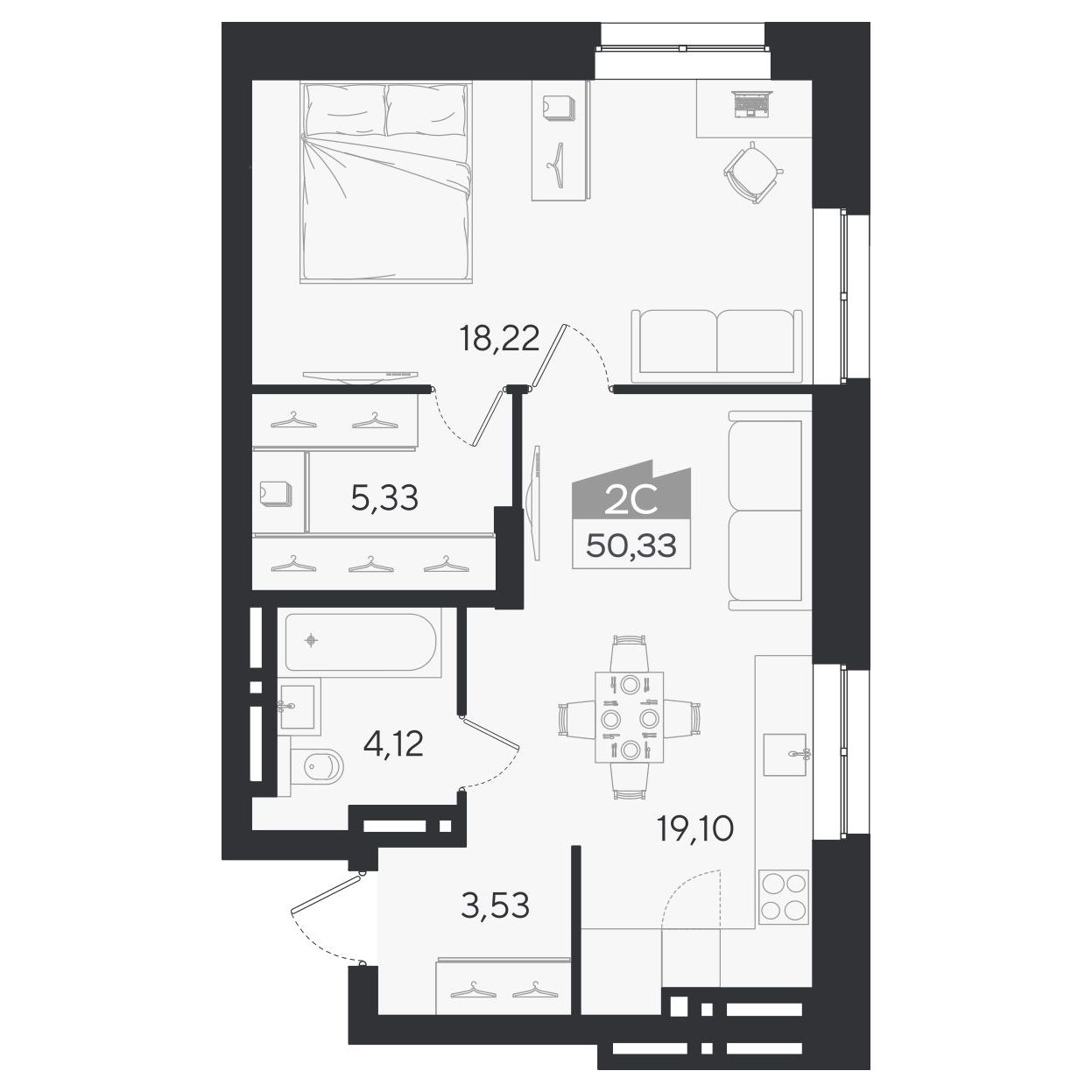 Планировка: 2-комнатная 50,33 м² в ЖК «Ясный берег»