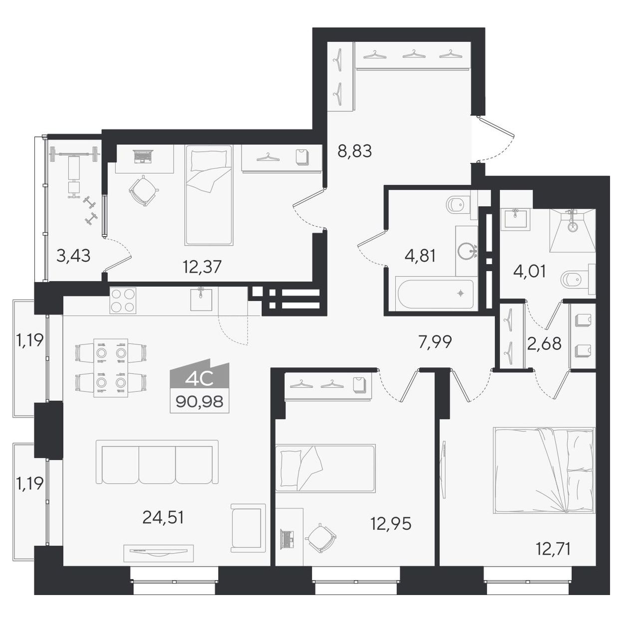 Планировка: 4-комнатная 90,98 м² в ЖК «Ясный берег»