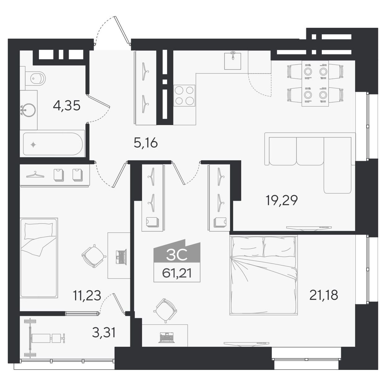 Планировка: 3-комнатная 61,21 м² в ЖК «Ясный берег»