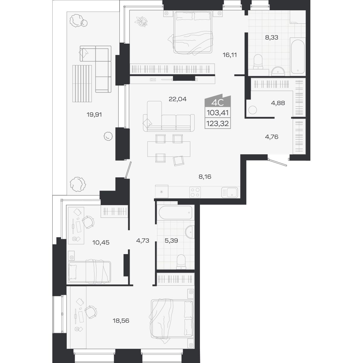 Планировка: 4-комнатная 103,41 м² в ЖК «Ясный берег»