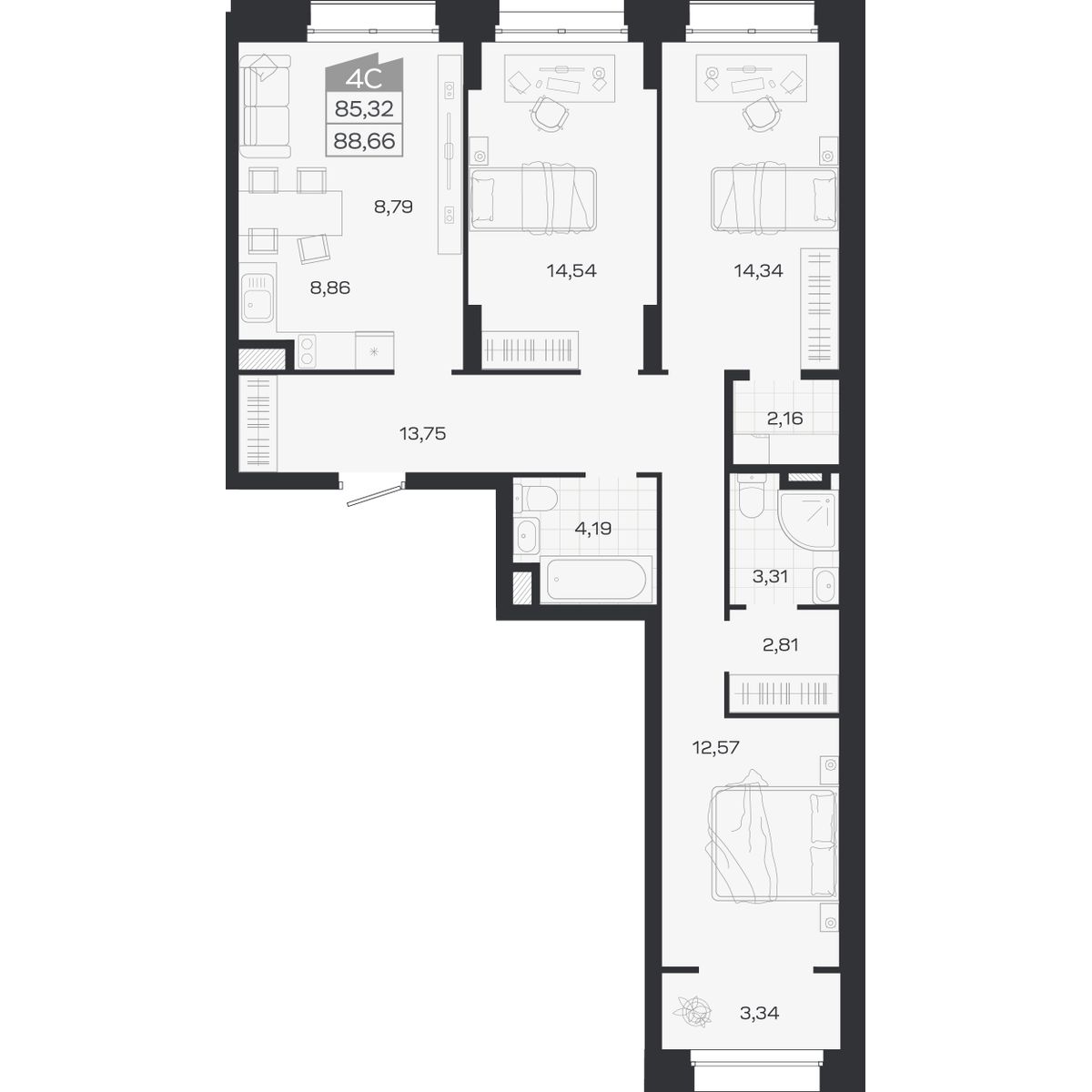 Планировка: 4-комнатная 85,32 м² в ЖК «Ясный берег»