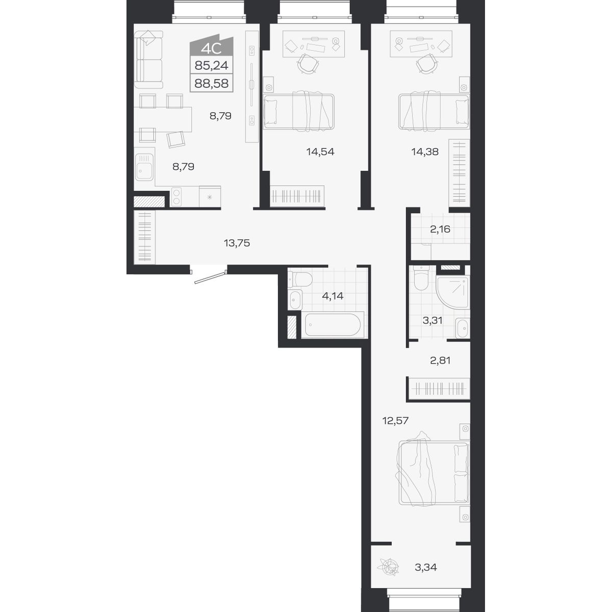 Планировка: 4-комнатная 85,24 м² в ЖК «Ясный берег»