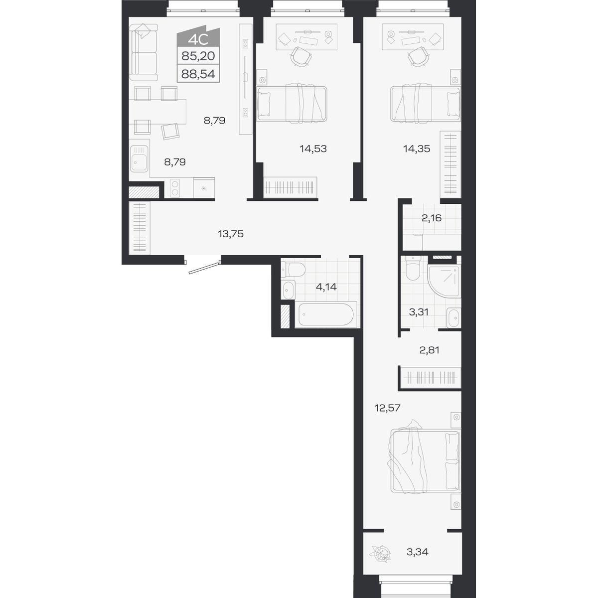 Планировка: 4-комнатная 85,2 м² в ЖК «Ясный берег»