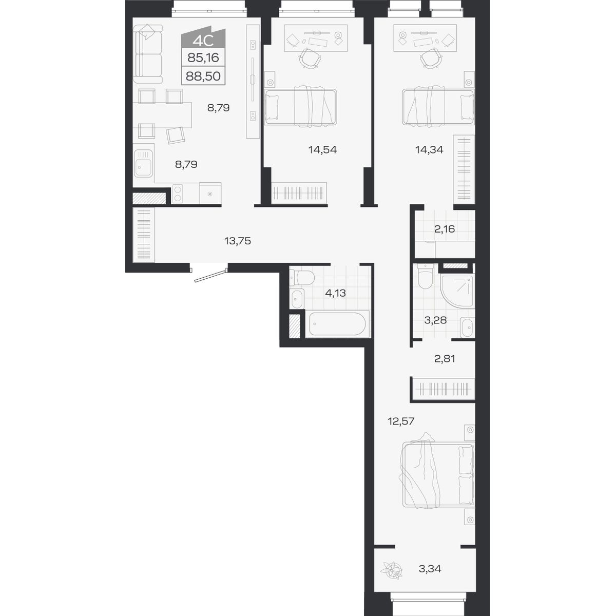 Планировка: 4-комнатная 85,16 м² в ЖК «Ясный берег»