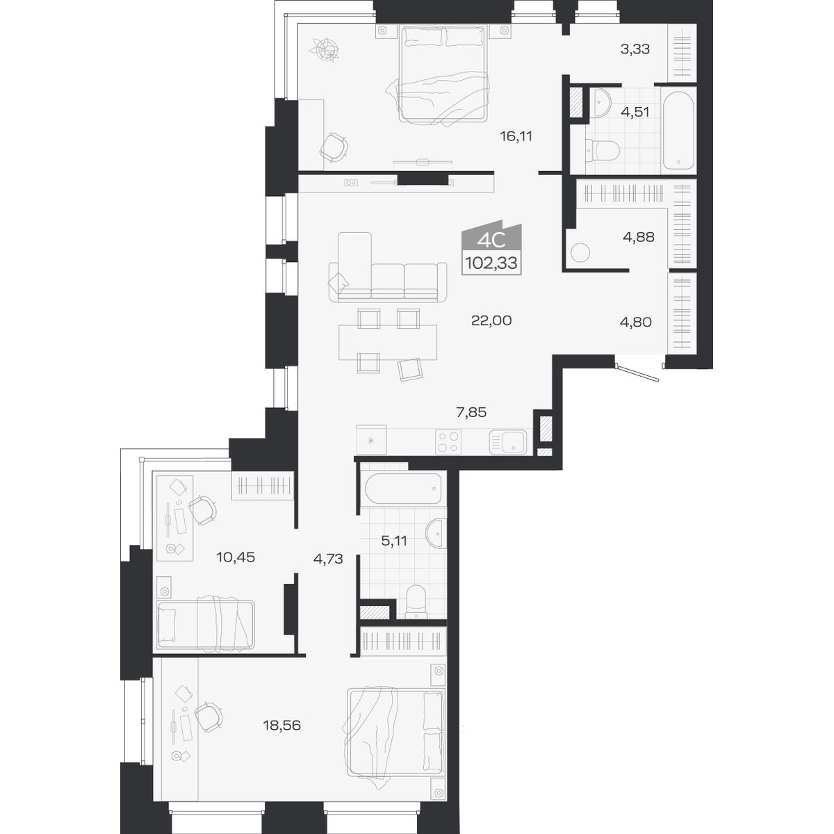 Планировка: 4-комнатная 102,33 м² в ЖК «Ясный берег»