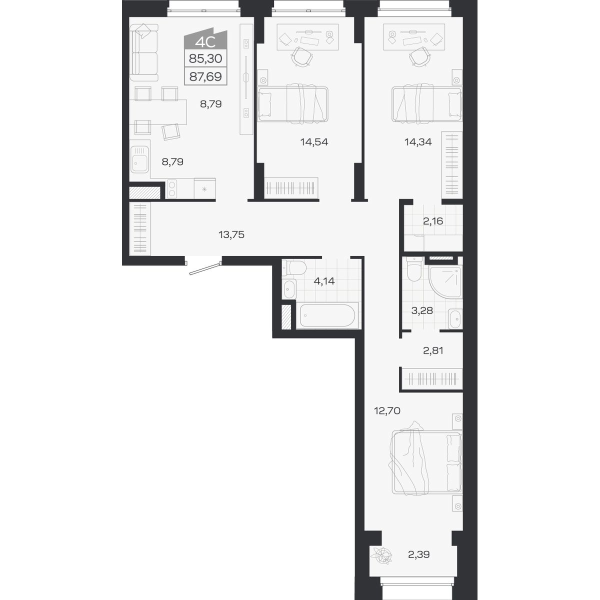 Планировка: 4-комнатная 85,3 м² в ЖК «Ясный берег»