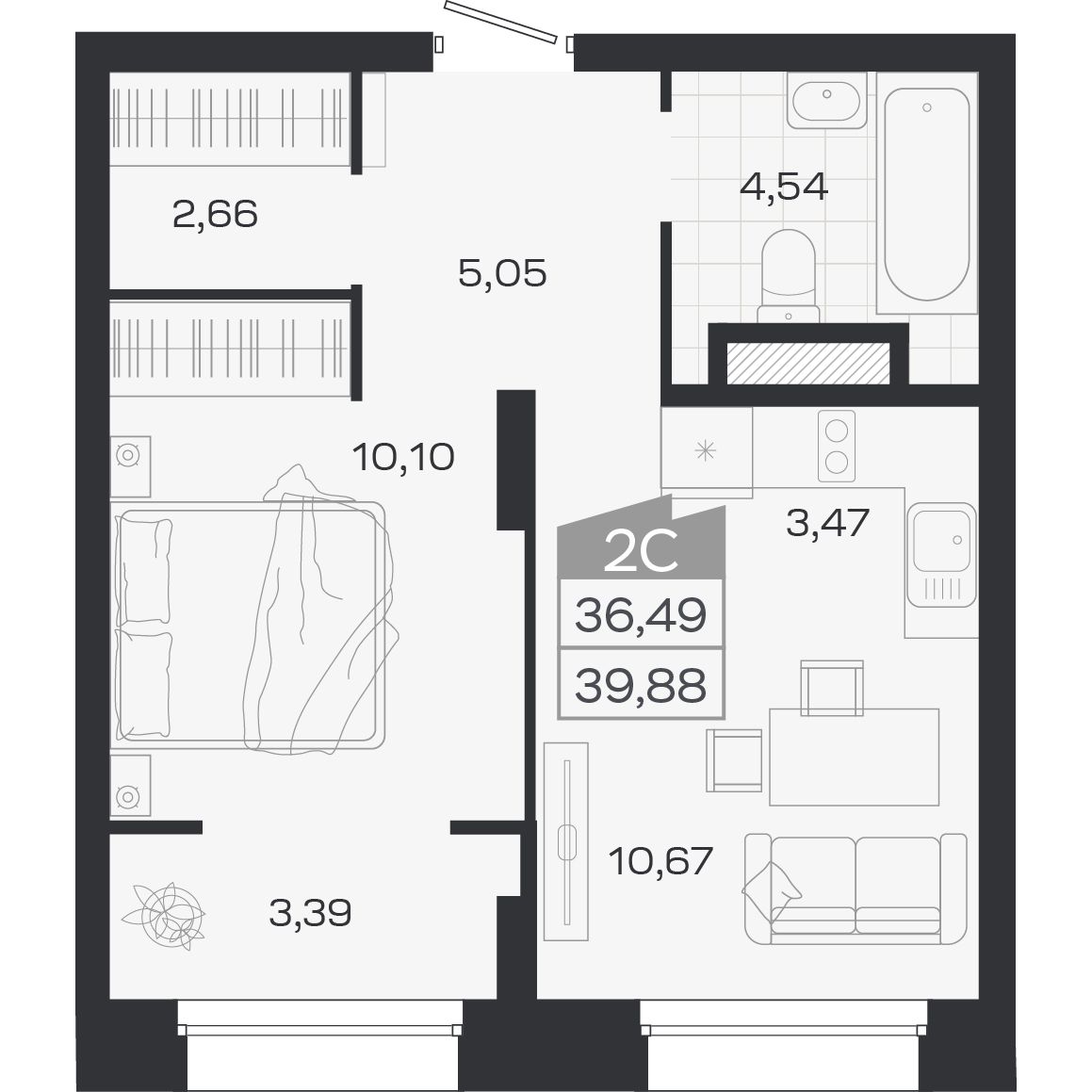 Планировка: 2-комнатная 36,49 м² в ЖК «Ясный берег»