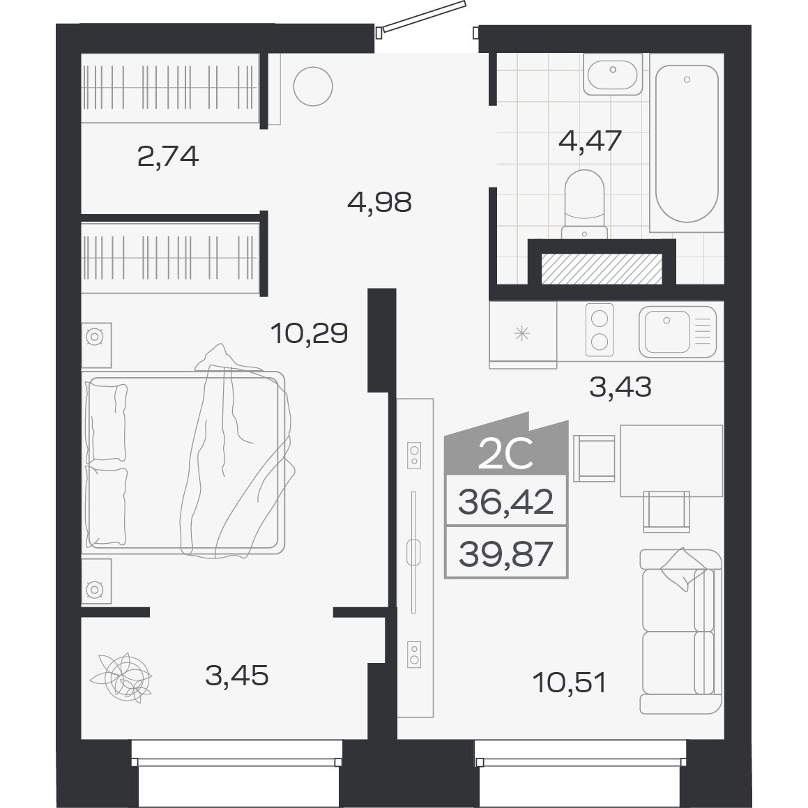 Планировка: 2-комнатная 36,42 м² в ЖК «Ясный берег»