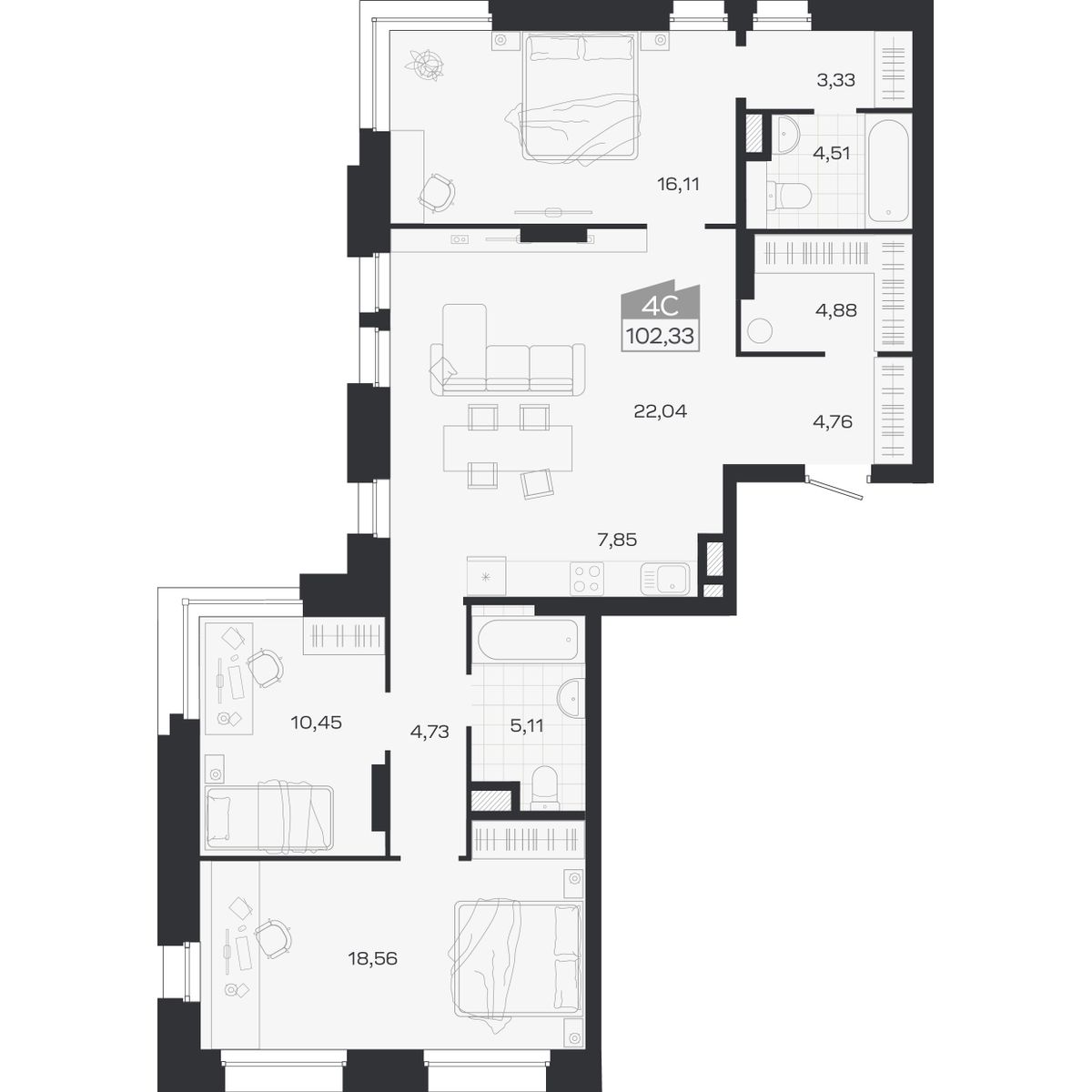 Планировка: 4-комнатная 102,33 м² в ЖК «Ясный берег»