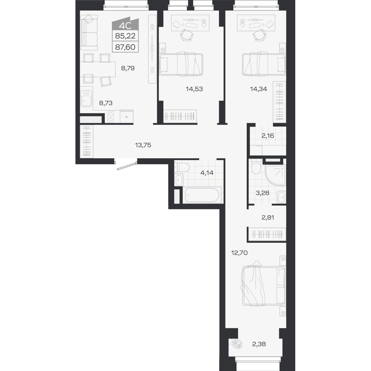Планировка: 4-комнатная 85,22 м² в ЖК «Ясный берег»