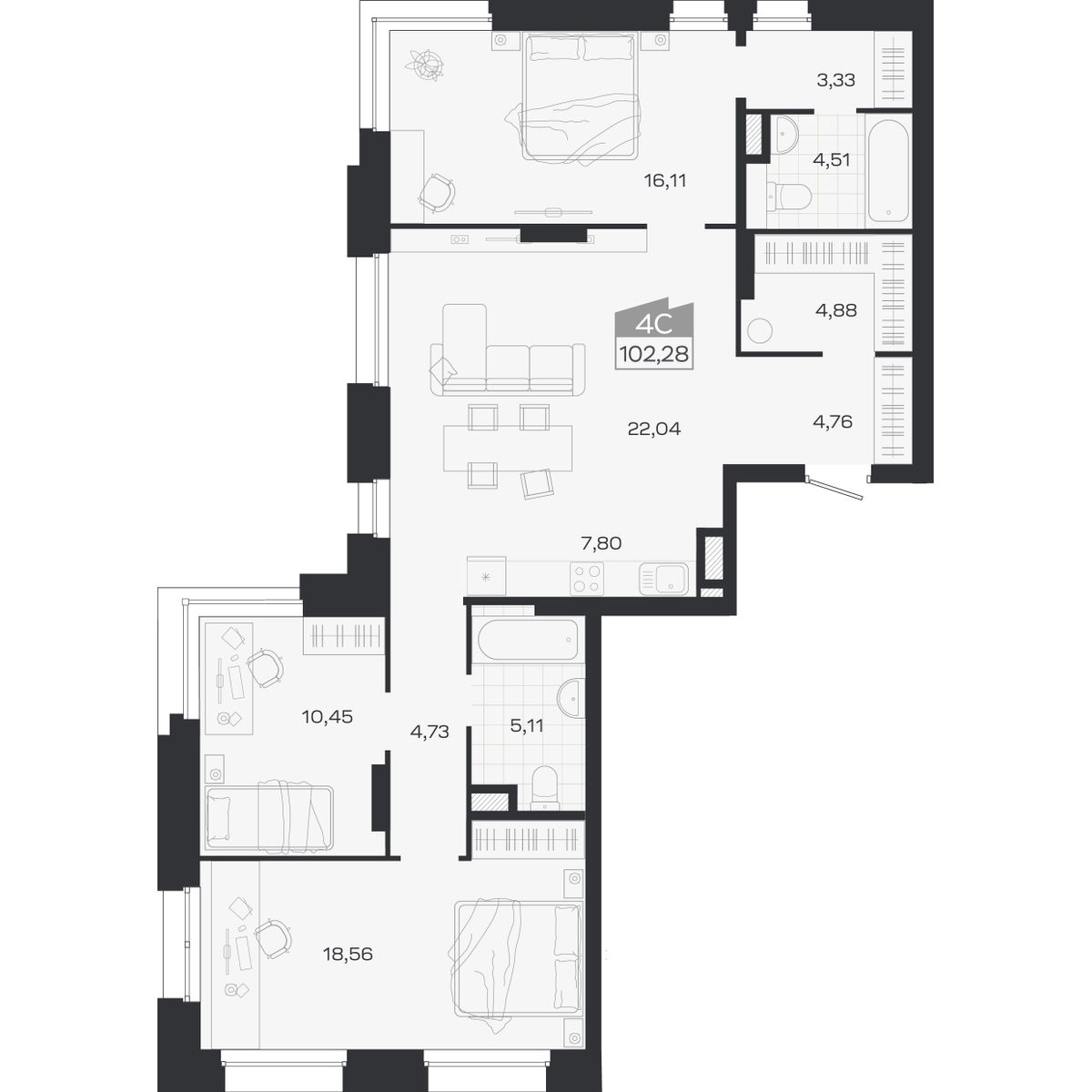 Планировка: 4-комнатная 102,28 м² в ЖК «Ясный берег»