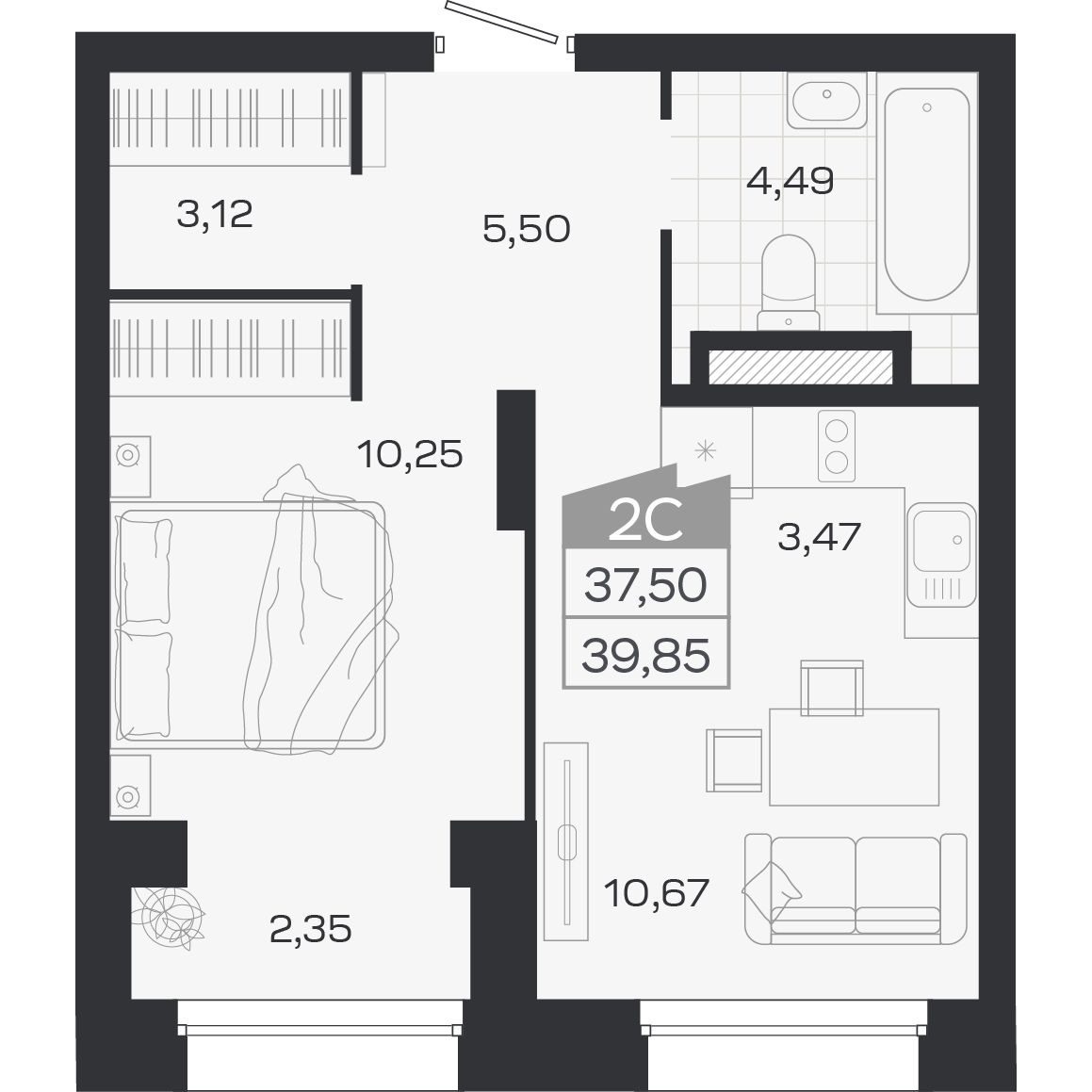 Планировка: 2-комнатная 37,5 м² в ЖК «Ясный берег»