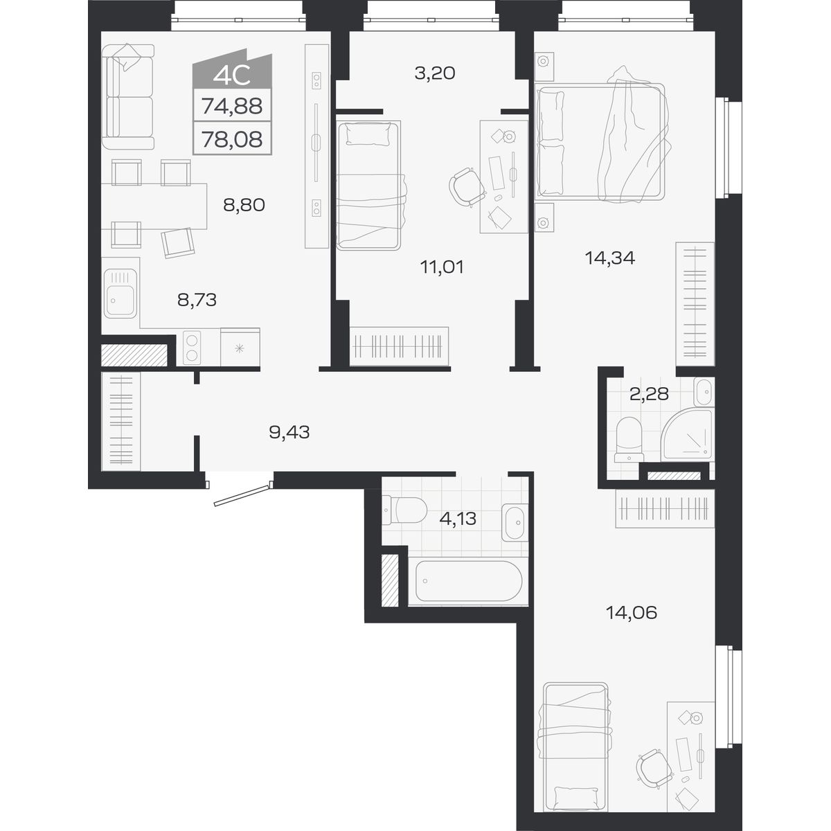Планировка: 4-комнатная 74,88 м² в ЖК «Ясный берег»