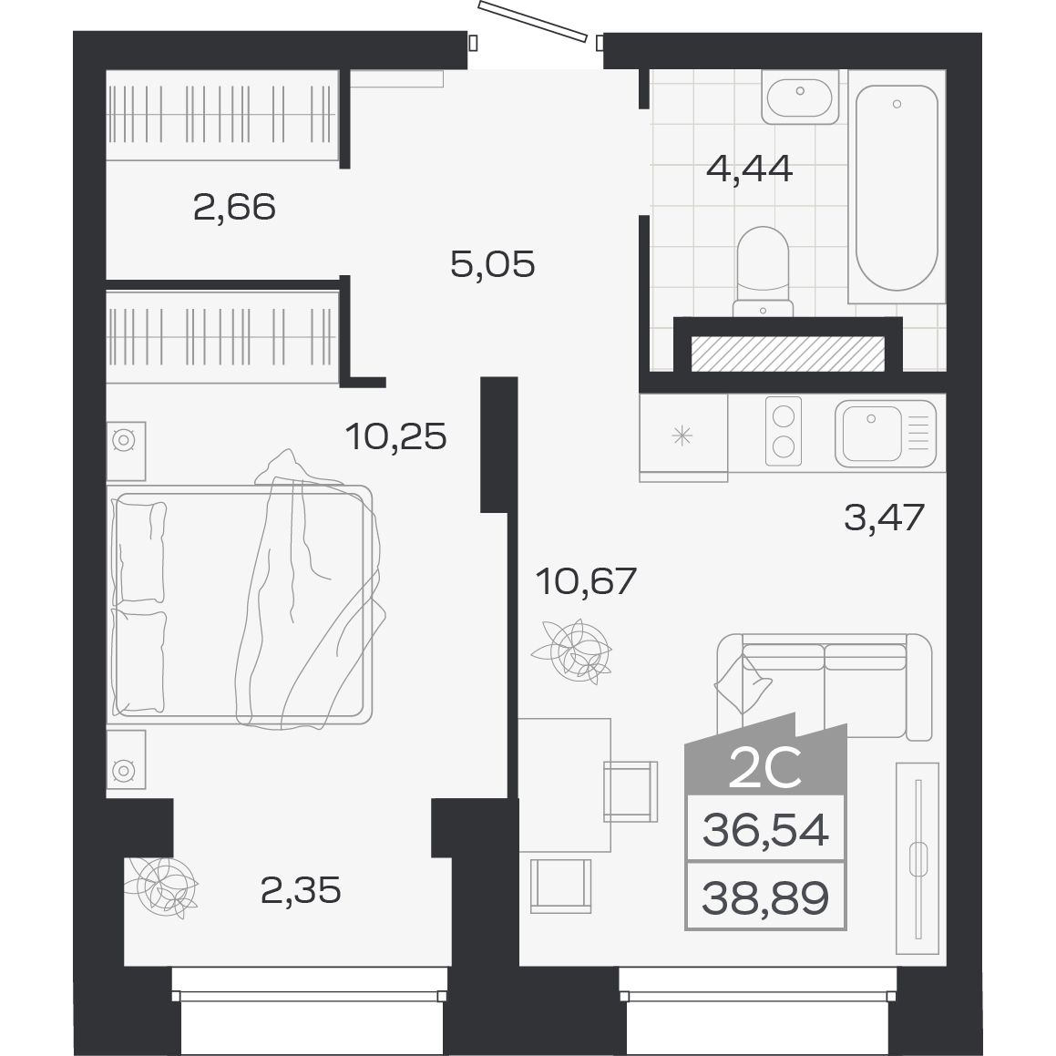 Планировка: 2-комнатная 36,54 м² в ЖК «Ясный берег»