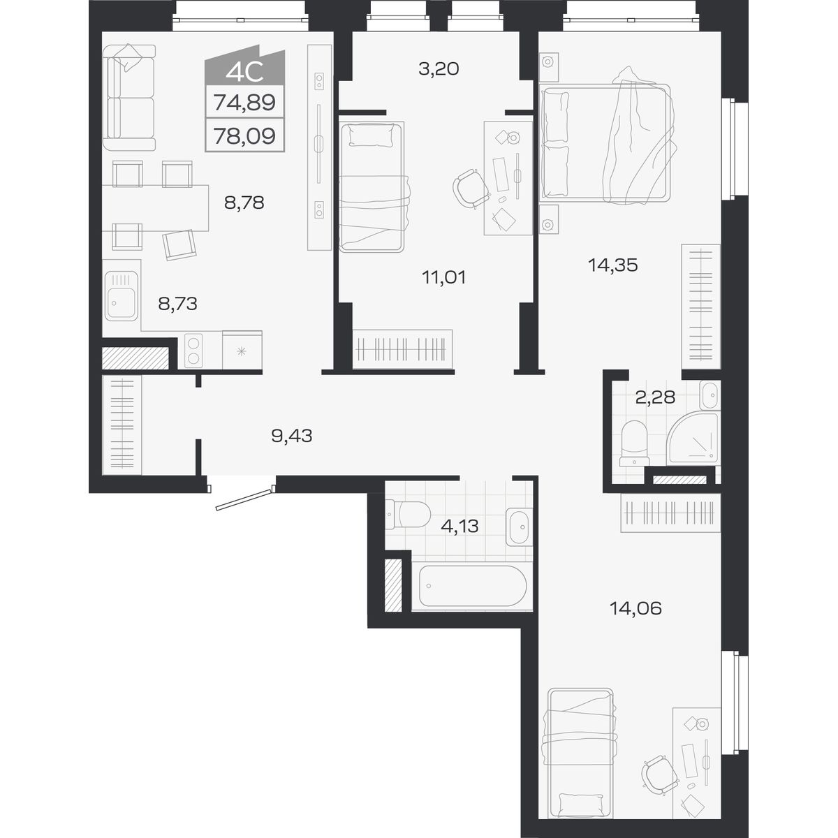 Планировка: 4-комнатная 74,89 м² в ЖК «Ясный берег»