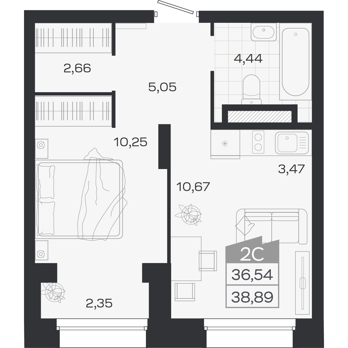 Планировка: 2-комнатная 36,54 м² в ЖК «Ясный берег»