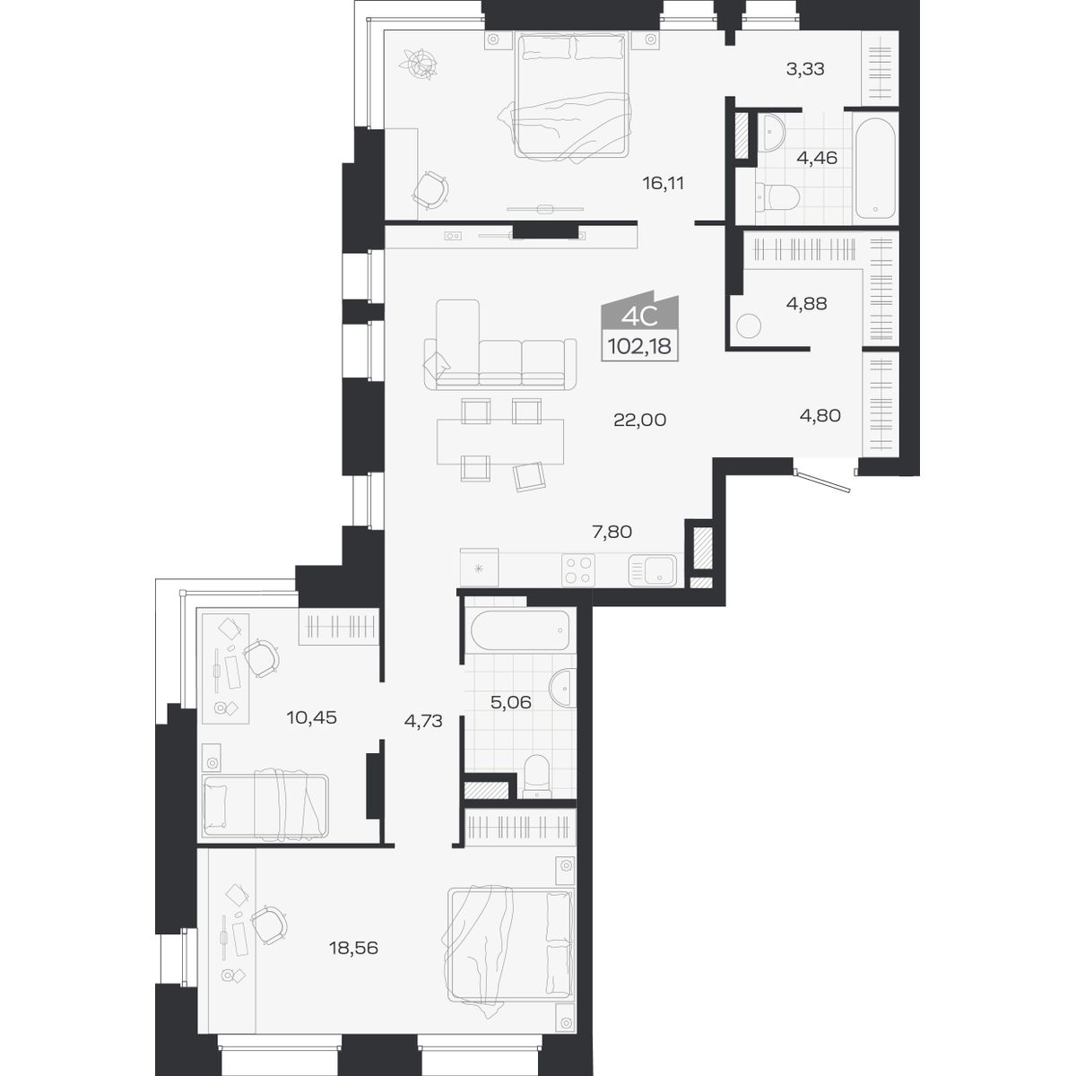Планировка: 4-комнатная 102,18 м² в ЖК «Ясный берег»