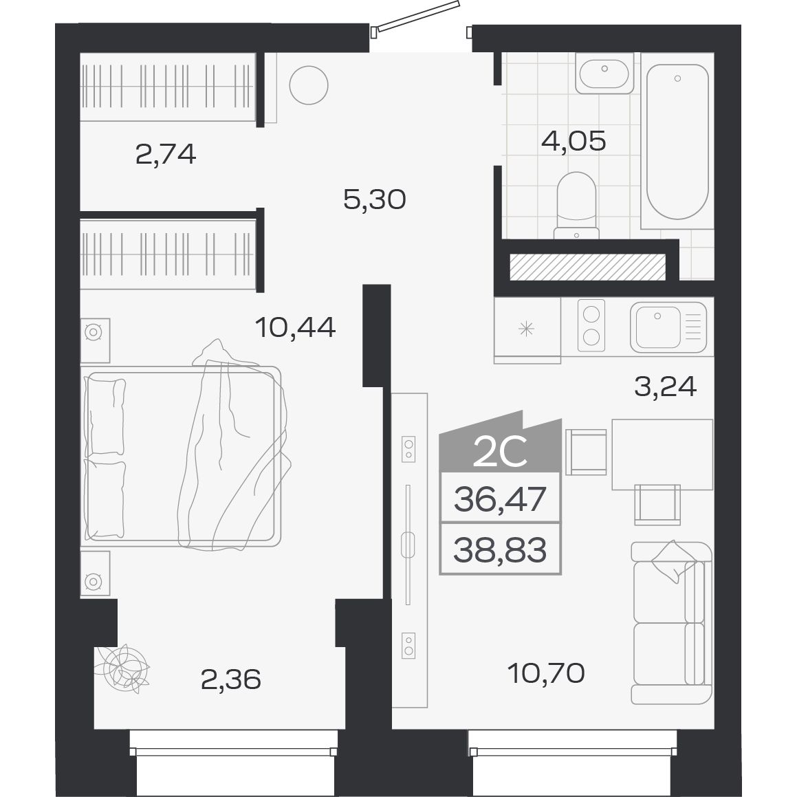 Планировка: 2-комнатная 36,47 м² в ЖК «Ясный берег»