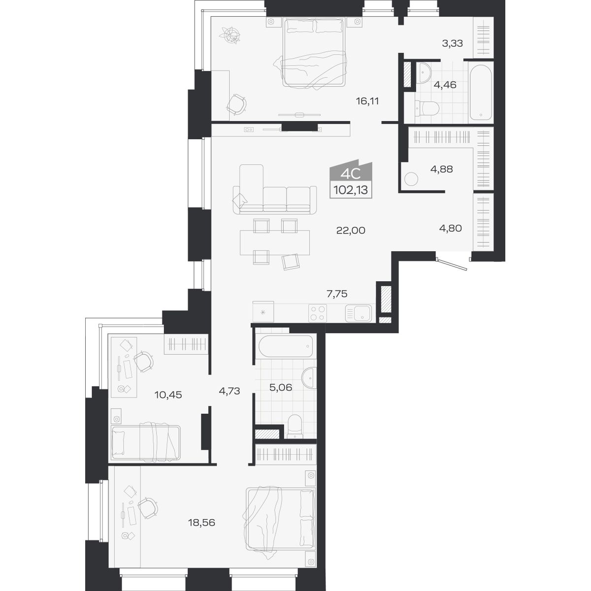 Планировка: 4-комнатная 102,13 м² в ЖК «Ясный берег»
