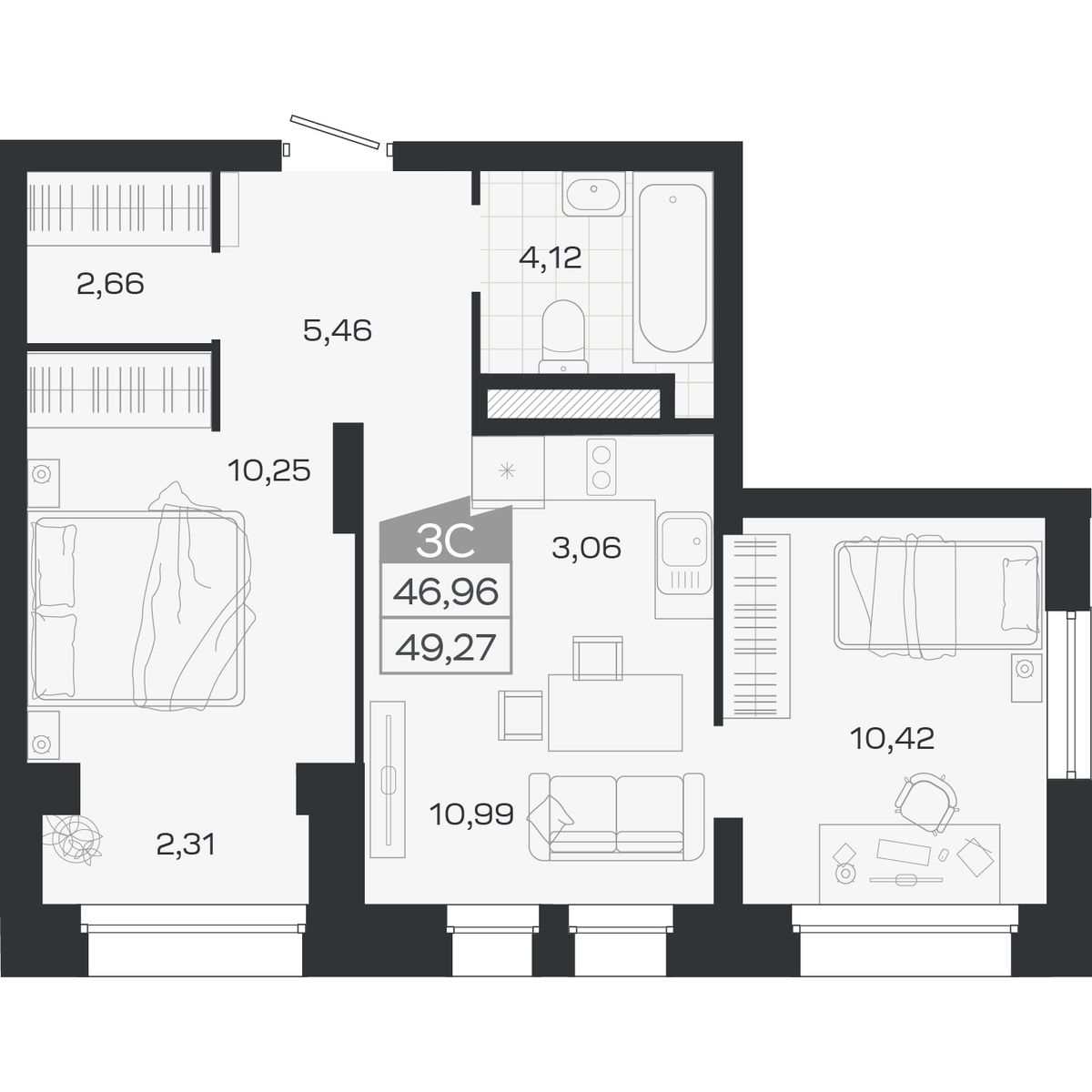 Планировка: 3-комнатная 46,96 м² в ЖК «Ясный берег»