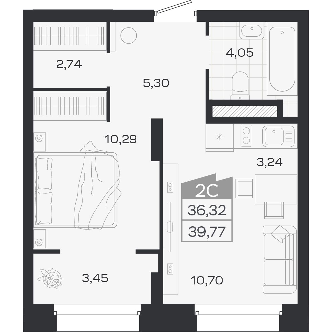 Планировка: 2-комнатная 36,32 м² в ЖК «Ясный берег»