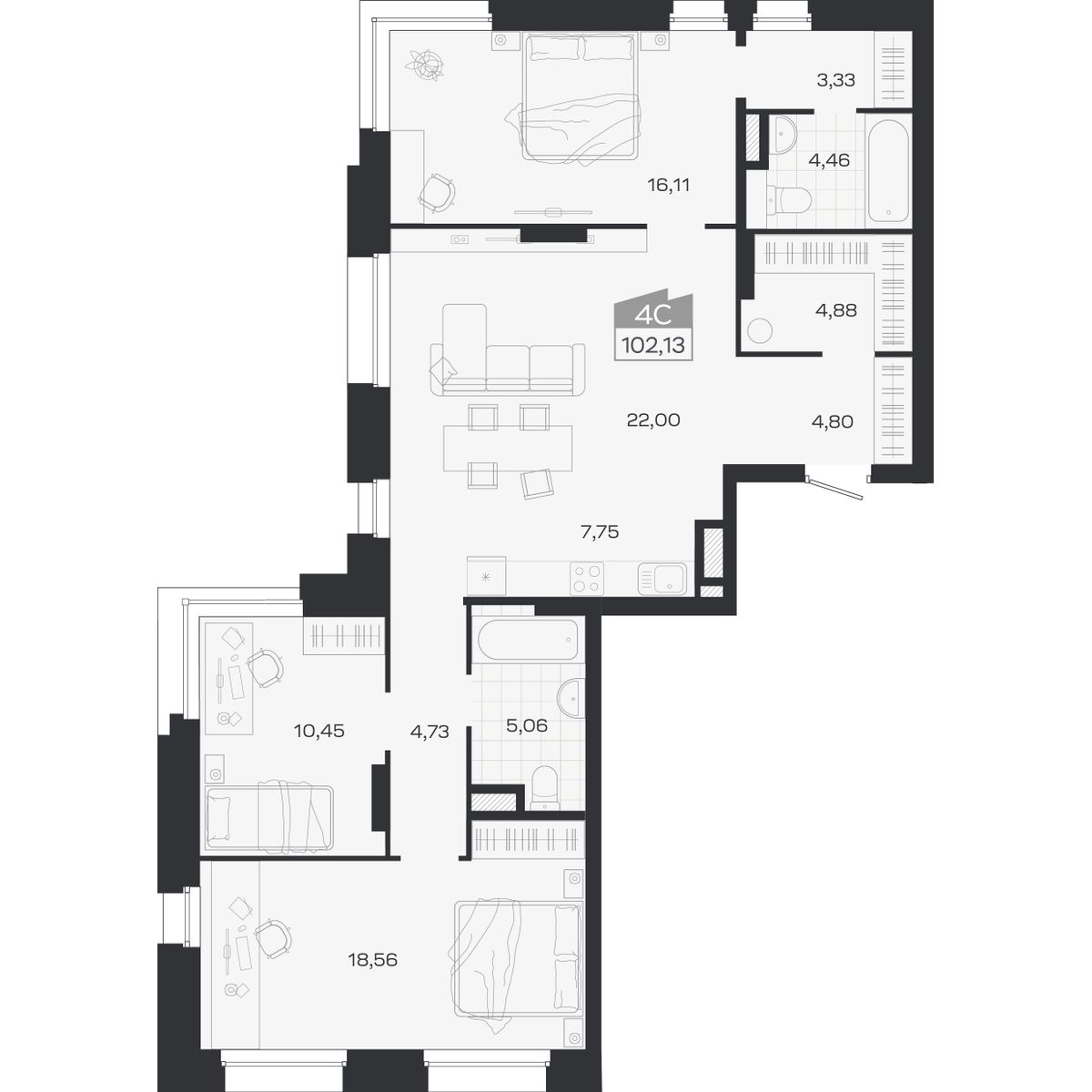 Планировка: 4-комнатная 102,13 м² в ЖК «Ясный берег»