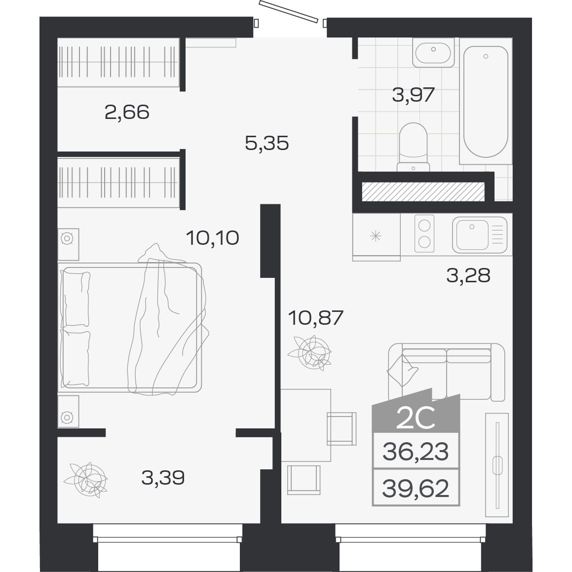 Планировка: 2-комнатная 36,23 м² в ЖК «Ясный берег»