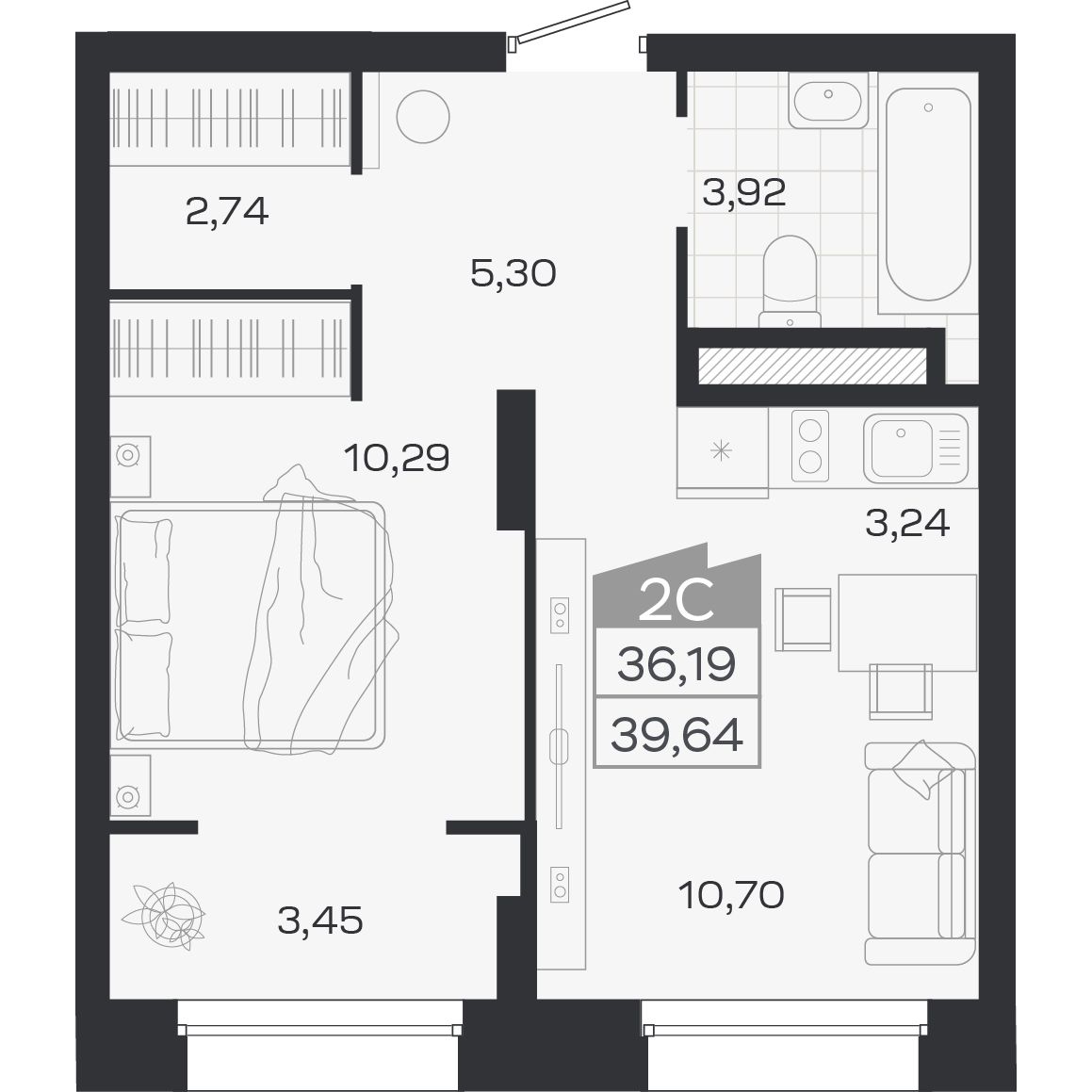 Планировка: 2-комнатная 36,19 м² в ЖК «Ясный берег»