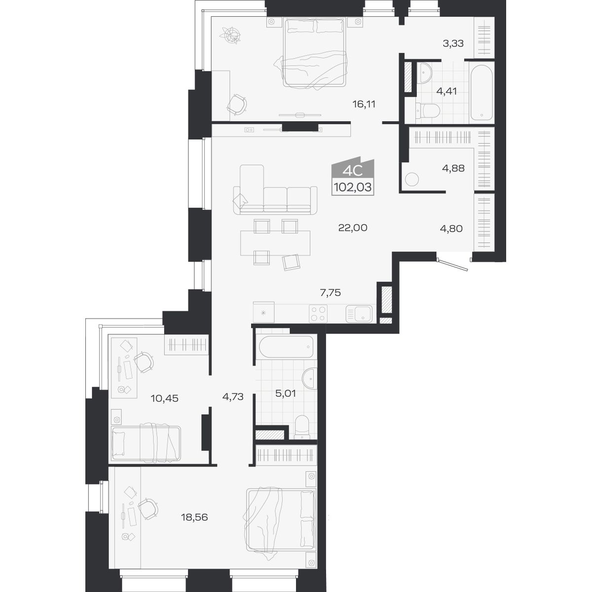 Планировка: 4-комнатная 102,03 м² в ЖК «Ясный берег»