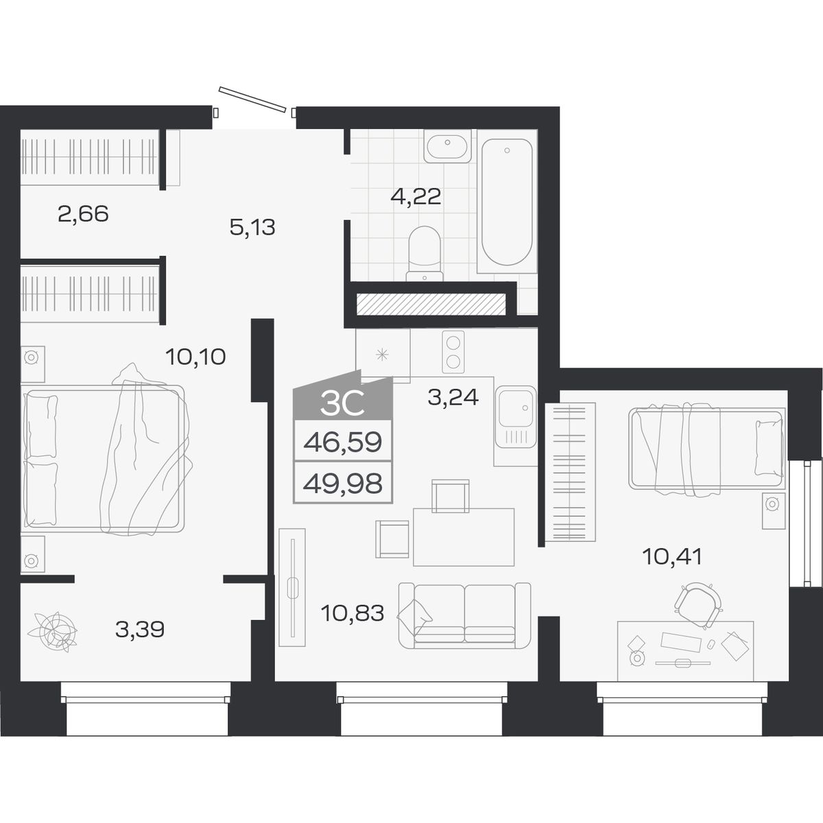 Планировка: 3-комнатная 46,59 м² в ЖК «Ясный берег»