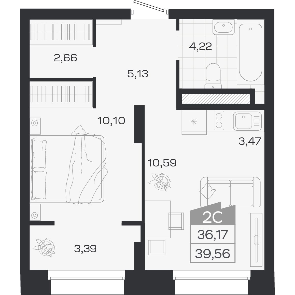 Планировка: 2-комнатная 36,17 м² в ЖК «Ясный берег»