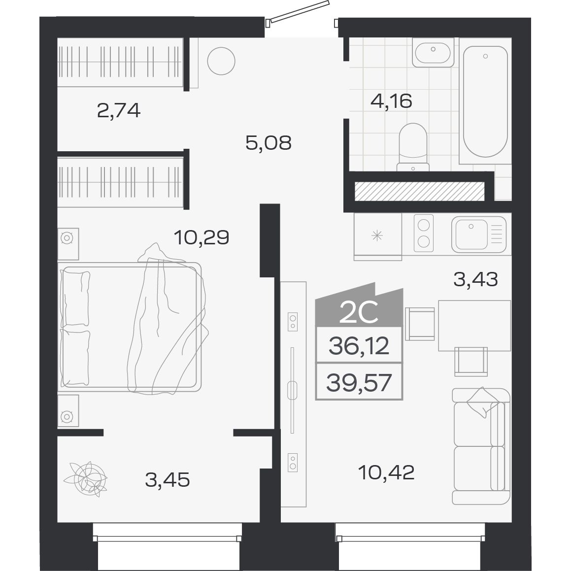 Планировка: 2-комнатная 36,12 м² в ЖК «Ясный берег»