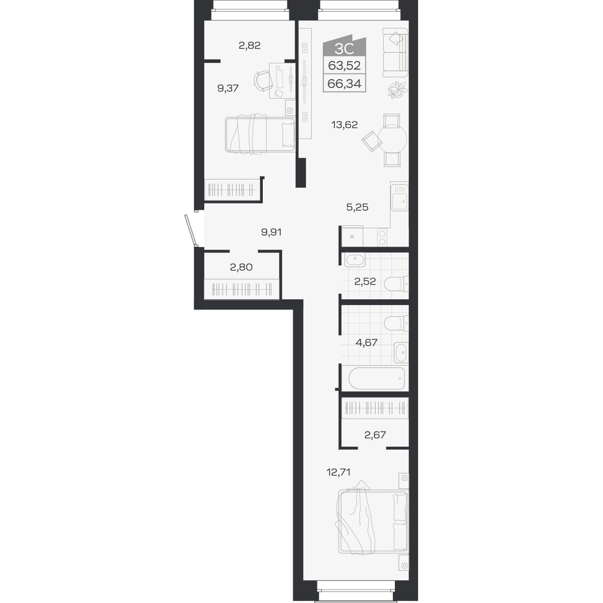 Планировка: 3-комнатная 63,52 м² в ЖК «Ясный берег»