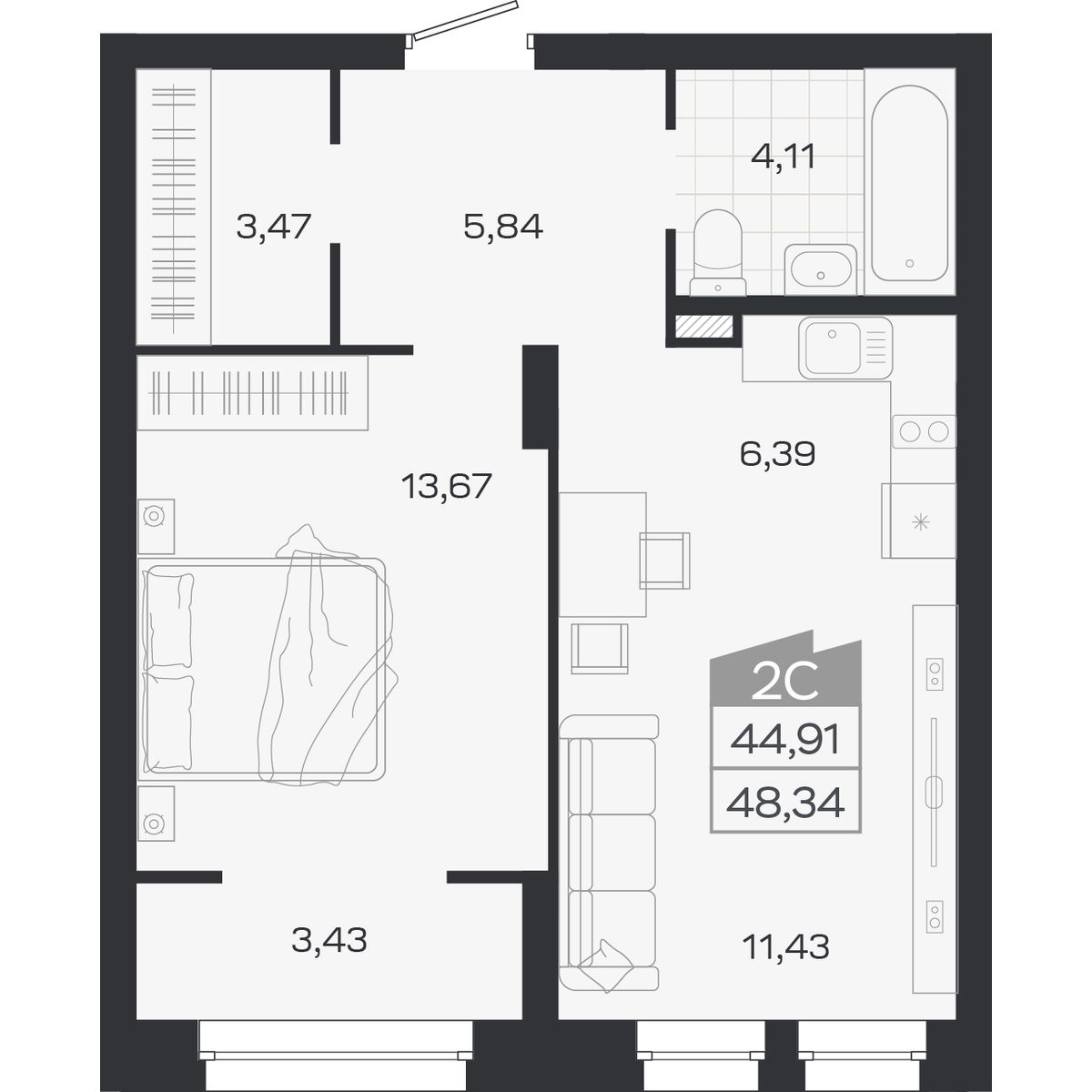 Планировка: 2-комнатная 44,91 м² в ЖК «Ясный берег»