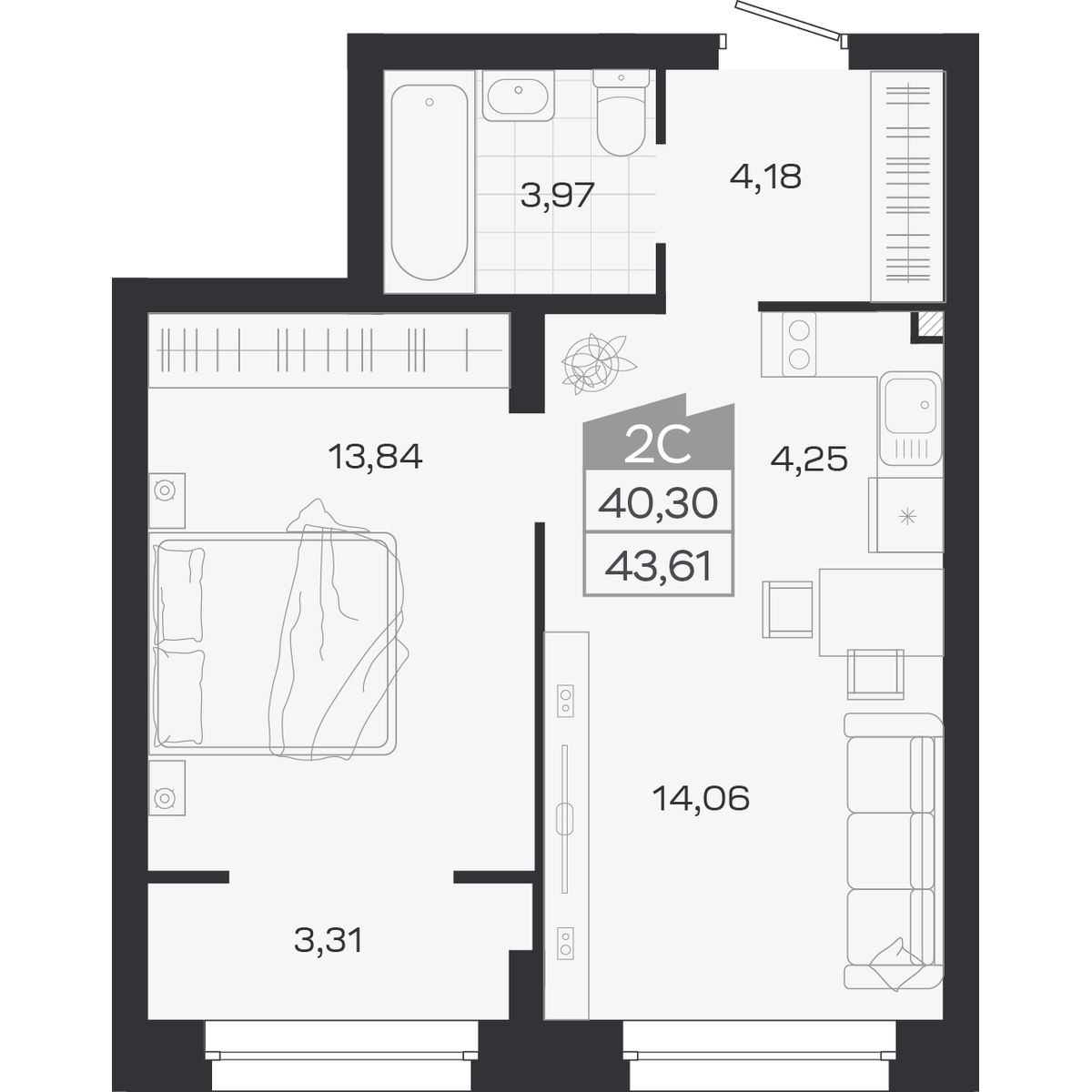 Планировка: Евро-2, 40,3 м²