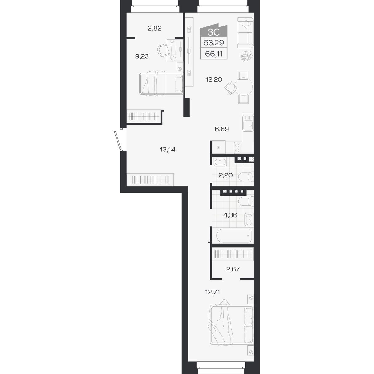 Планировка: 3-комнатная 63,29 м² в ЖК «Ясный берег»