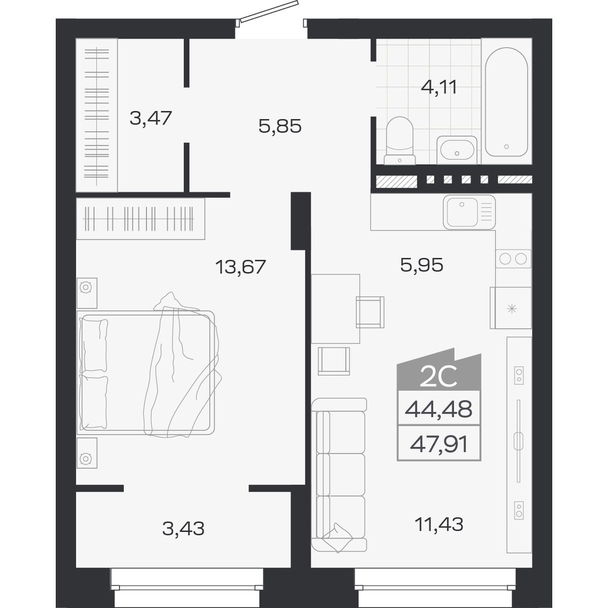 Планировка: 2-комнатная 44,48 м² в ЖК «Ясный берег»