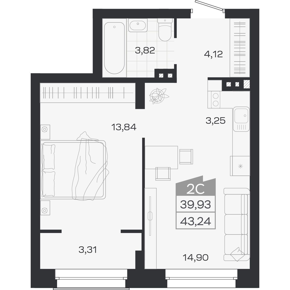 Планировка: 2-комнатная 39,93 м² в ЖК «Ясный берег»