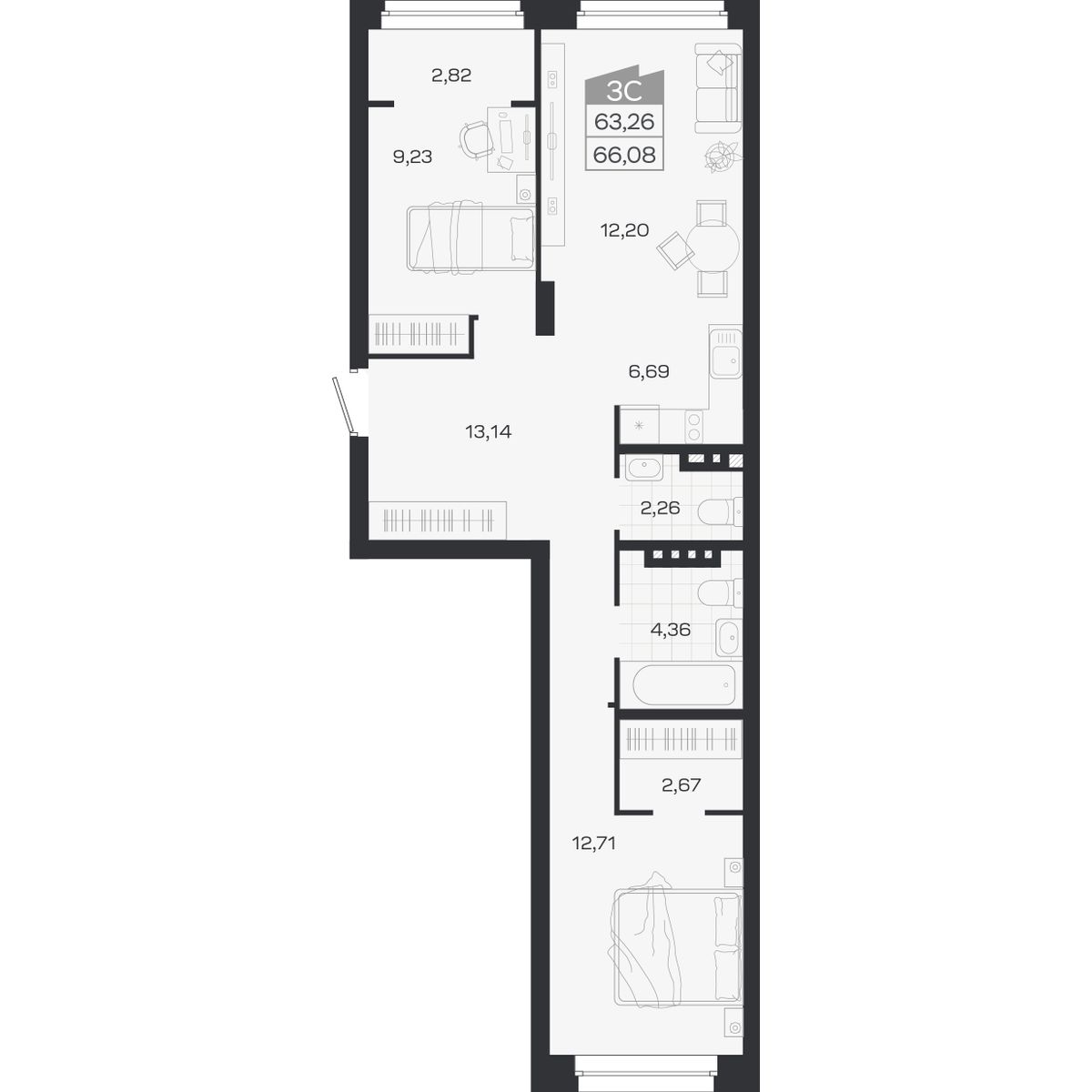 Планировка: 3-комнатная 63,26 м² в ЖК «Ясный берег»