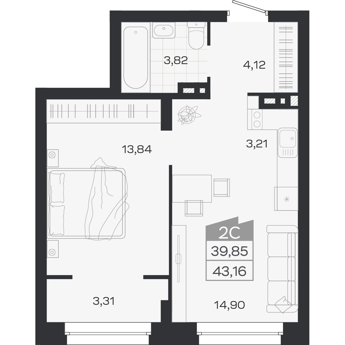 Планировка: 2-комнатная 39,85 м² в ЖК «Ясный берег»