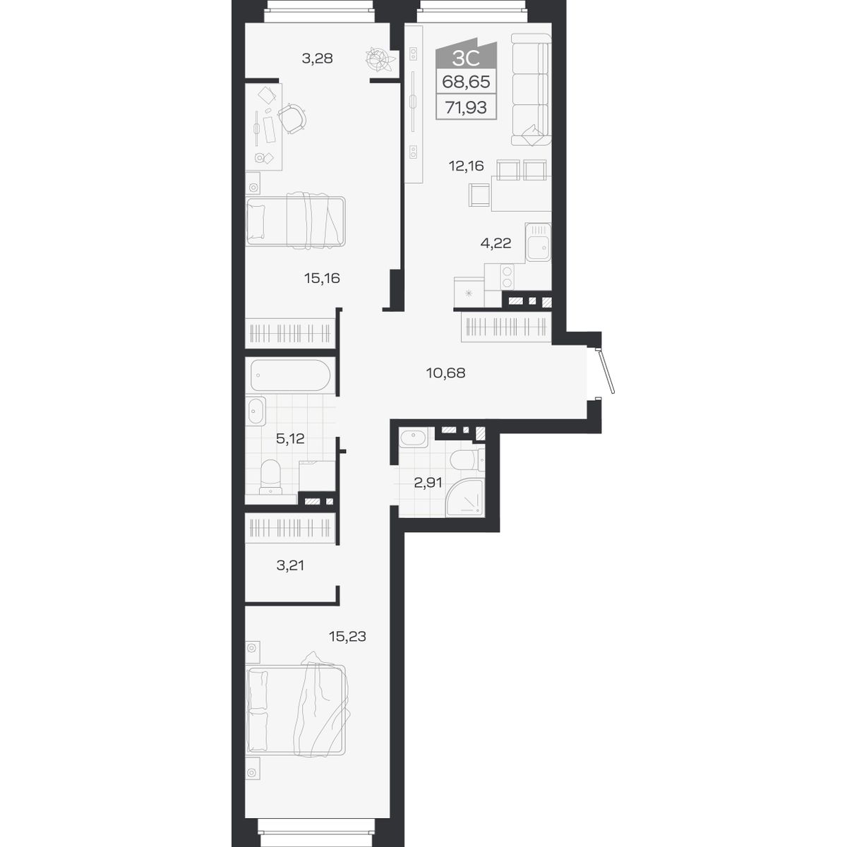 Планировка: 3-комнатная 68,65 м² в ЖК «Ясный берег»