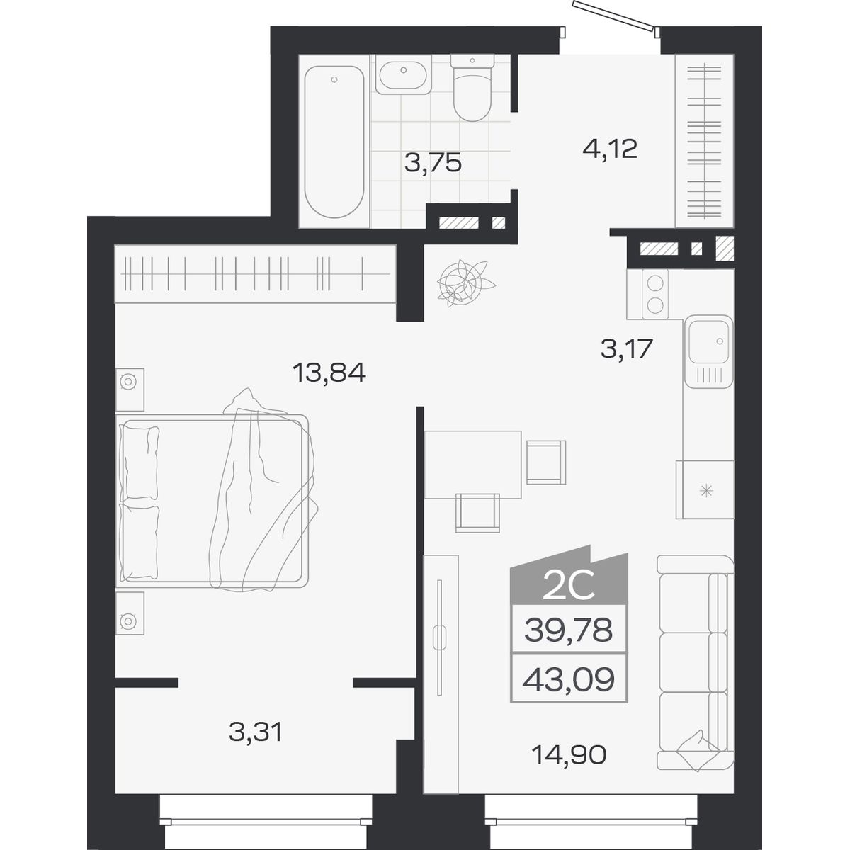 Планировка: 2-комнатная 39,78 м² в ЖК «Ясный берег»