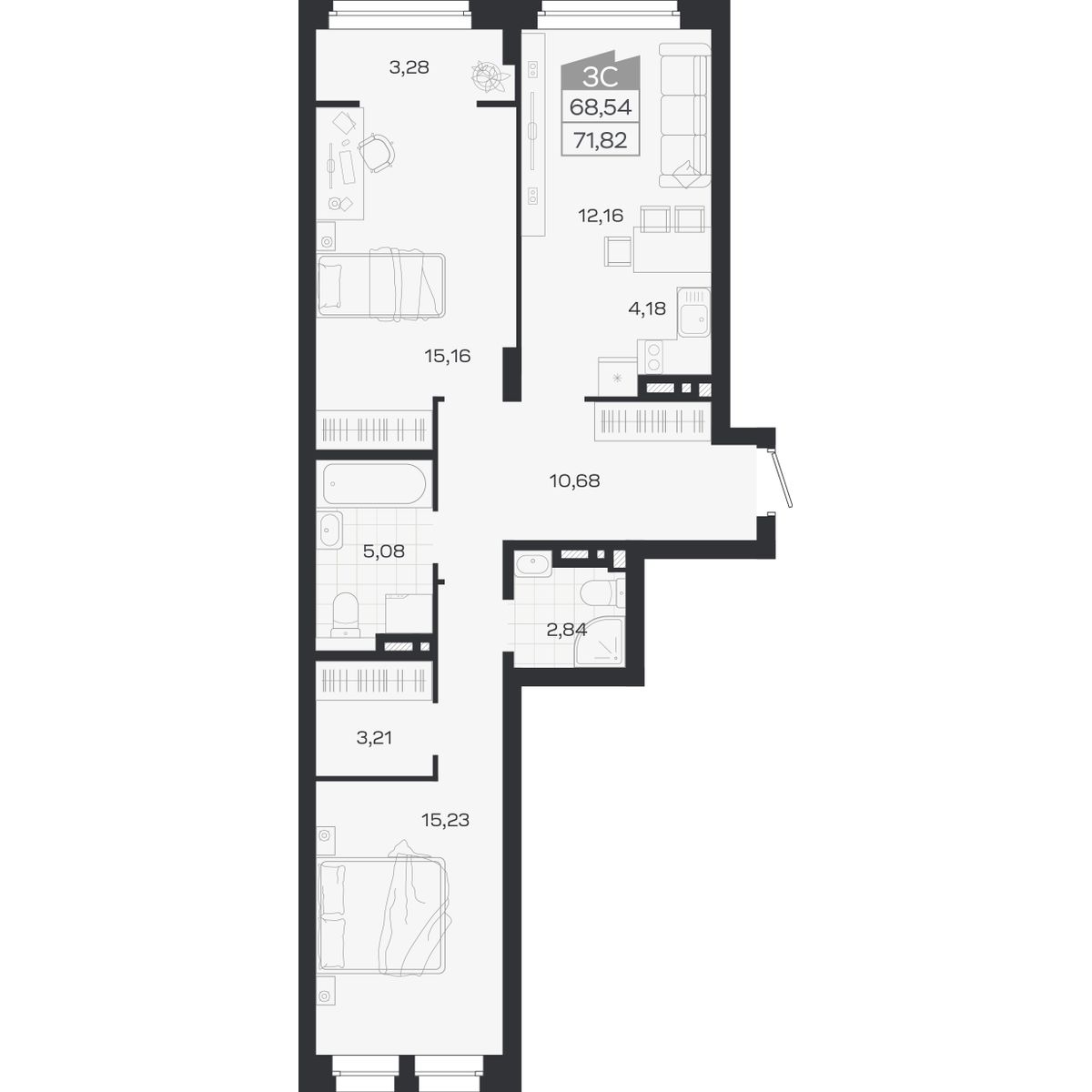 Планировка: 3-комнатная 68,54 м² в ЖК «Ясный берег»