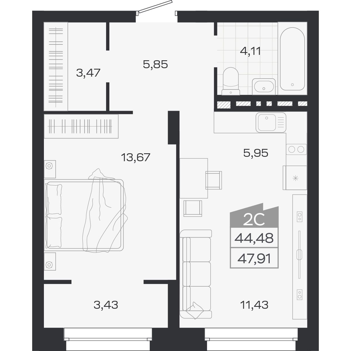 Планировка: 2-комнатная 44,48 м² в ЖК «Ясный берег»