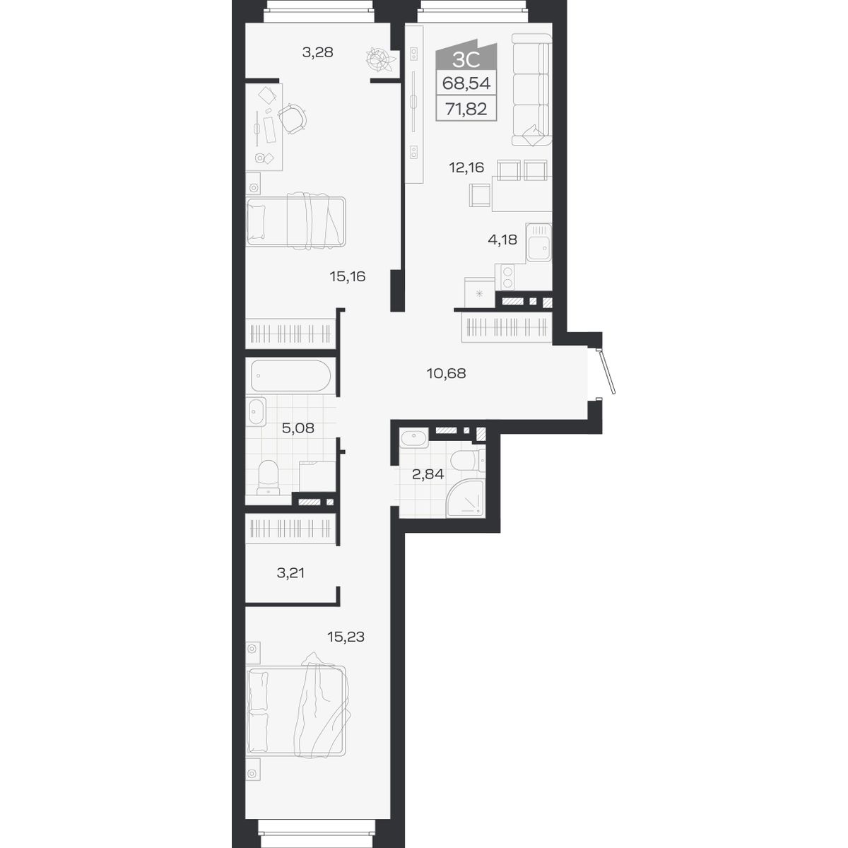 Планировка: 3-комнатная 68,54 м² в ЖК «Ясный берег»