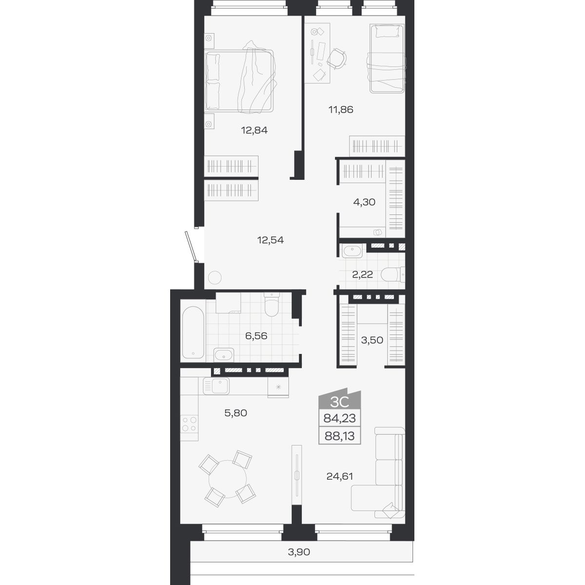 Планировка: 3-комнатная 84,23 м² в ЖК «Ясный берег»