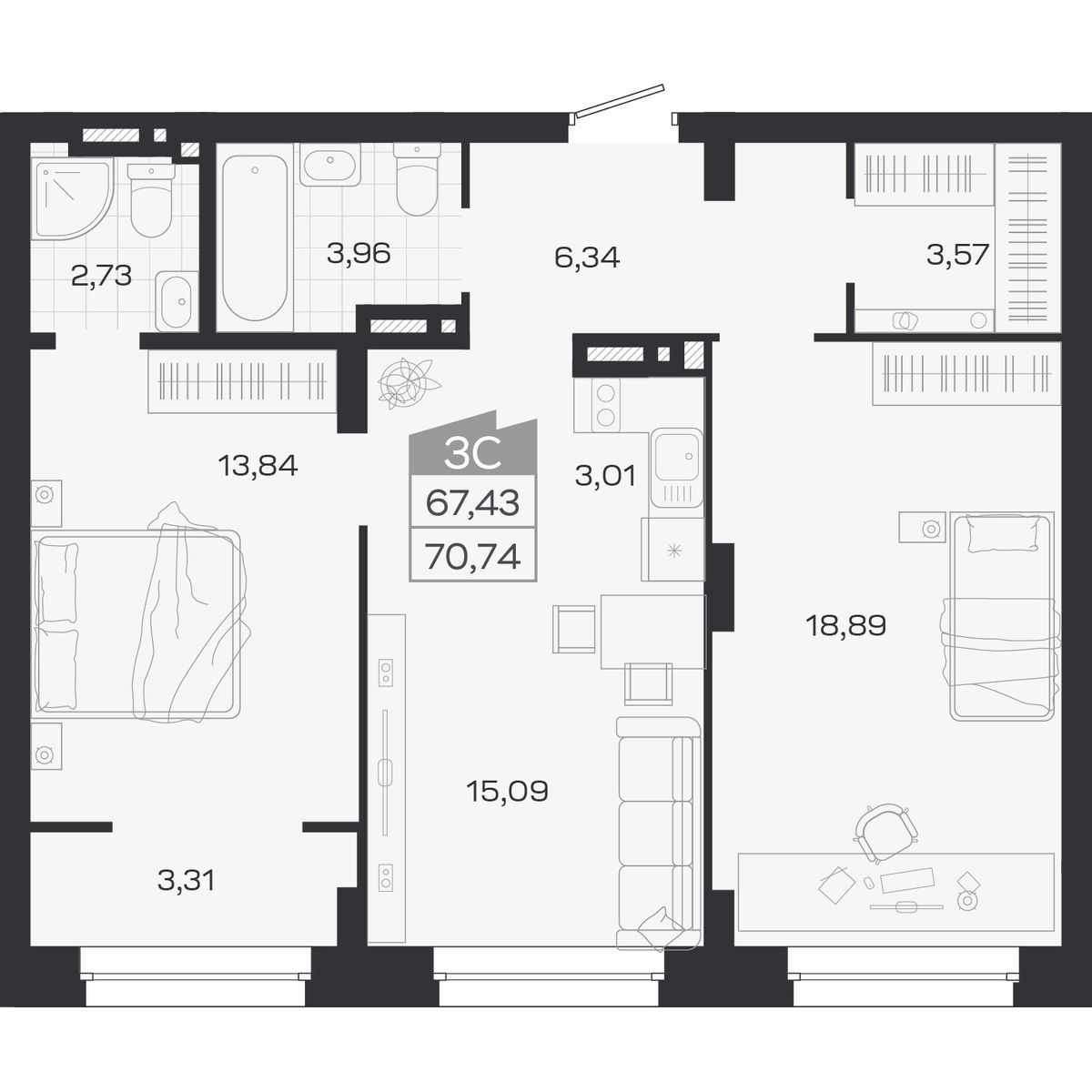 Планировка: 3-комнатная 67,43 м² в ЖК «Ясный берег»