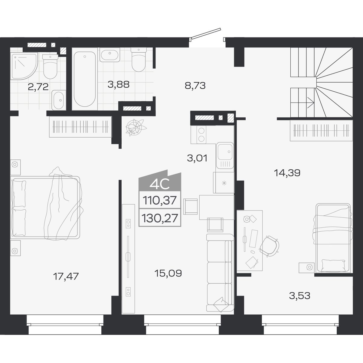 Планировка: 4-комнатная 110,37 м² в ЖК «Ясный берег»