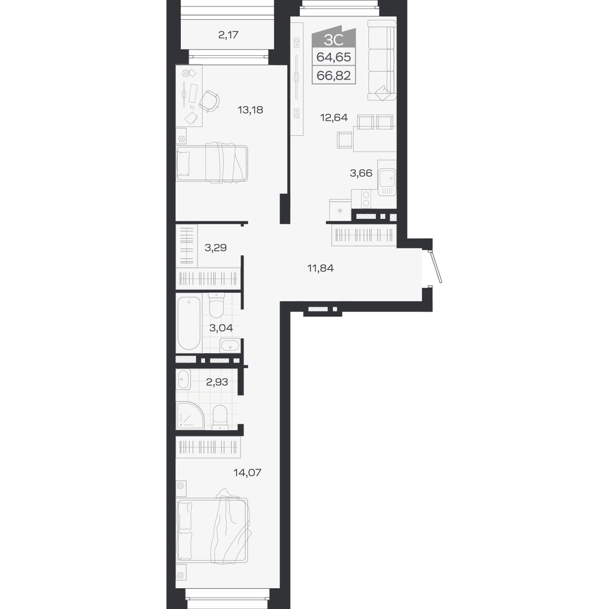 Планировка: 3-комнатная 64,65 м² в ЖК «Ясный берег»